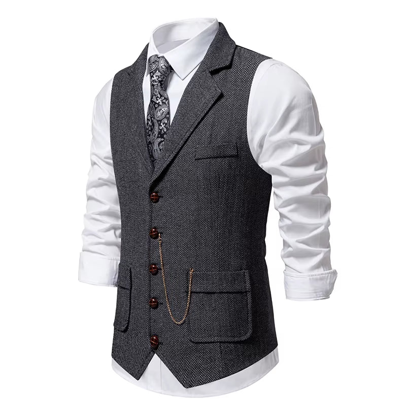 Men'S Retro Lapel Chain Vest Fashion Herringbone Coarse Tweed Pockets Suit Vest British Casual Vintage Gentleman Leisure Party