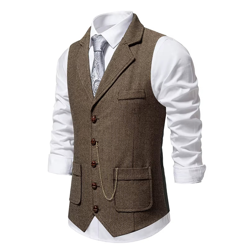 Men'S Retro Lapel Chain Vest Fashion Herringbone Coarse Tweed Pockets Suit Vest British Casual Vintage Gentleman Leisure Party