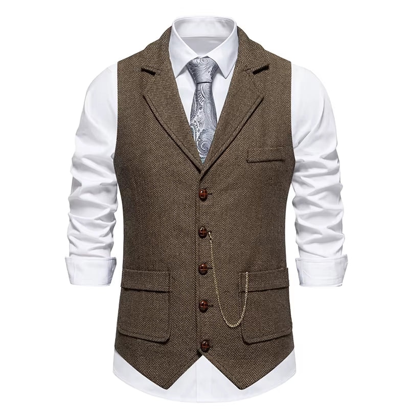 Men'S Retro Lapel Chain Vest Fashion Herringbone Coarse Tweed Pockets Suit Vest British Casual Vintage Gentleman Leisure Party