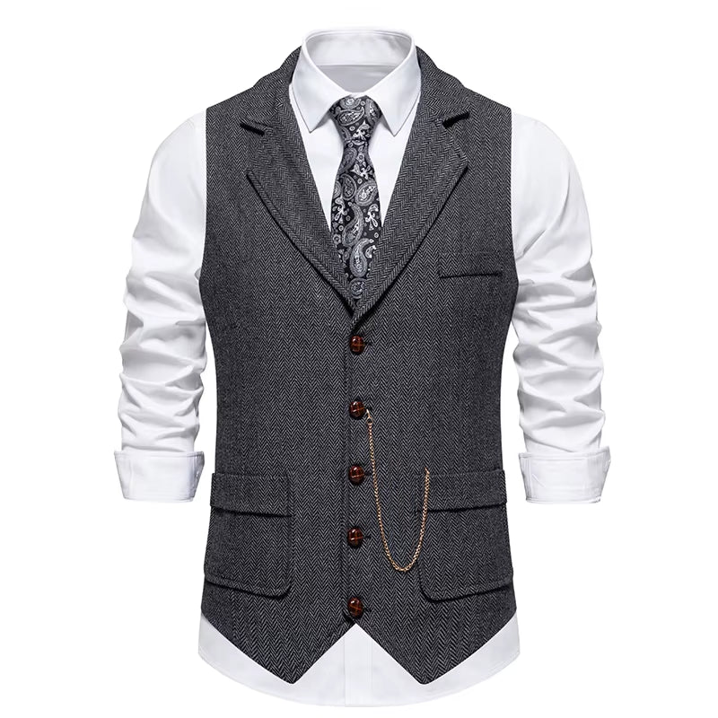 Men'S Retro Lapel Chain Vest Fashion Herringbone Coarse Tweed Pockets Suit Vest British Casual Vintage Gentleman Leisure Party