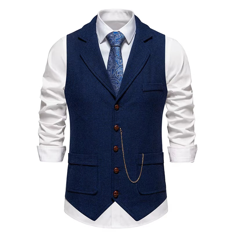 Men'S Retro Lapel Chain Vest Fashion Herringbone Coarse Tweed Pockets Suit Vest British Casual Vintage Gentleman Leisure Party